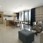 Phòng khách, bếp và sofa - villa 3 phòng ngủ resort Oceanami Long Hải