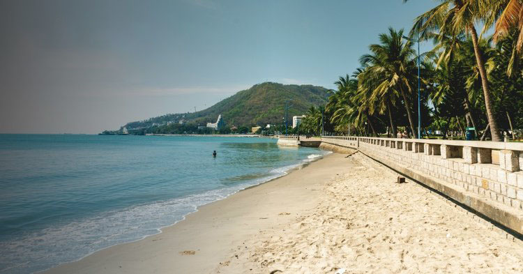 Bãi tắm biển trong một khu resort tại Long Hải với màu nước biển trong xanh, bãi cát sạch đẹp, hàng dừa thẳng tắp